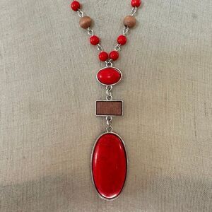 Red & Wood Bead Statement Pendant Necklace
